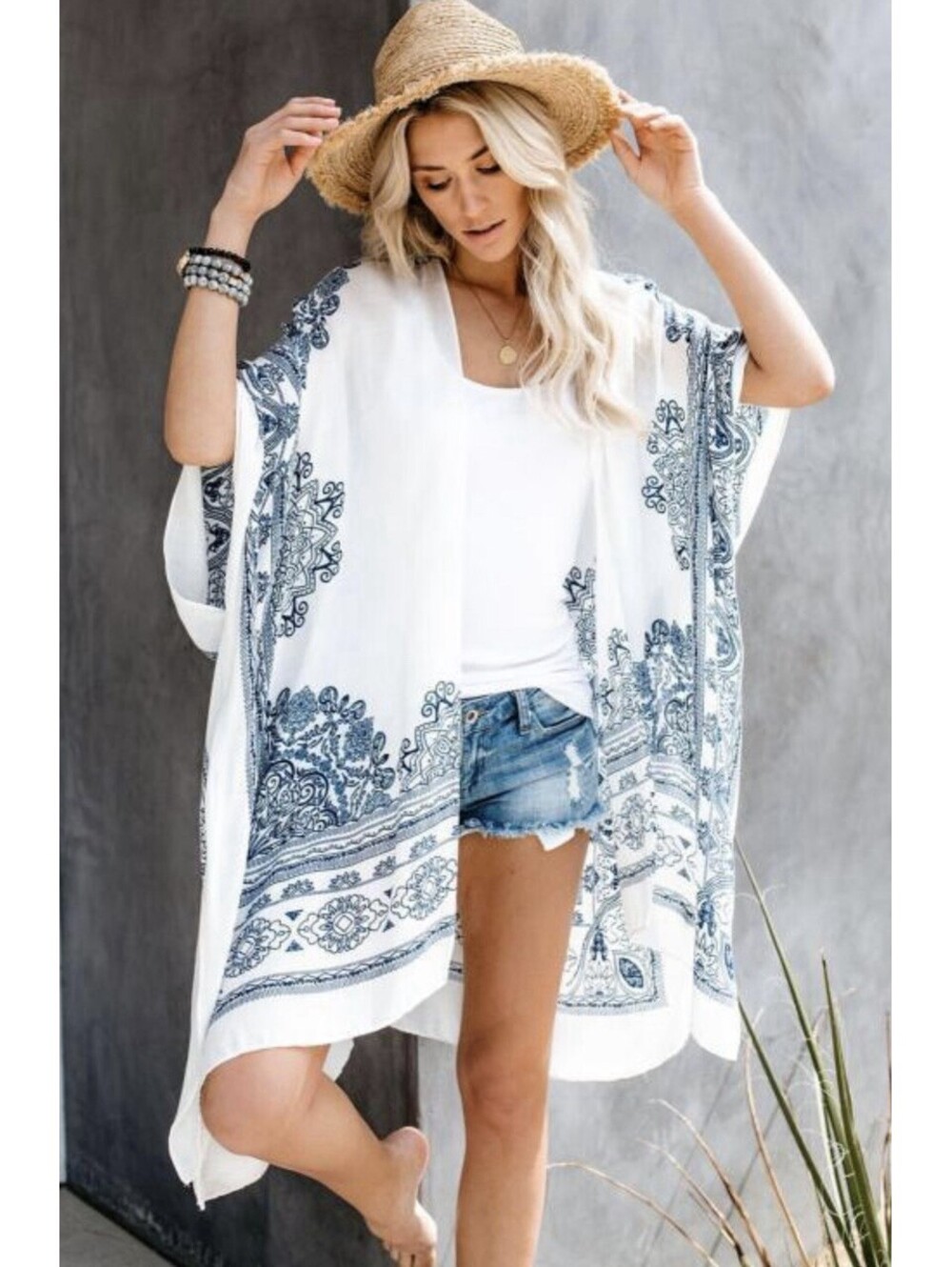 kimono wrap top One Size Blue White Cotton Boho Festival Coastal Vacation